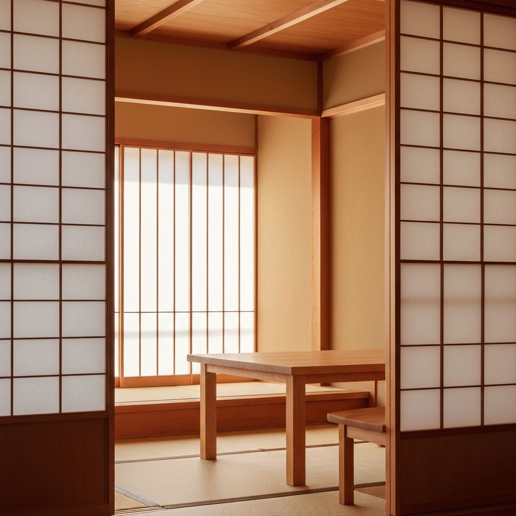 Serene minimalist interior with natural wood elements